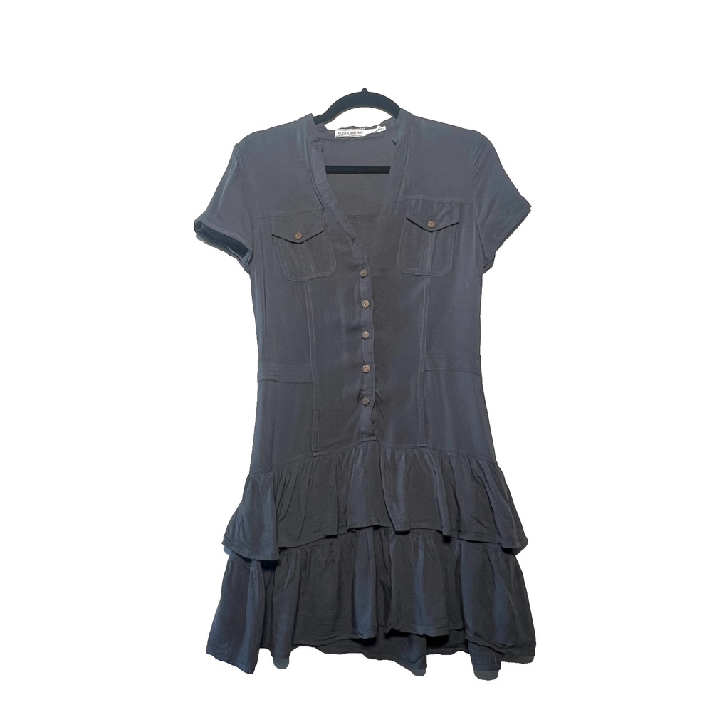 Body Central Sexy Ruffle Blue Grey Mini Shirt Dress Utility Button Detail Sz Sm